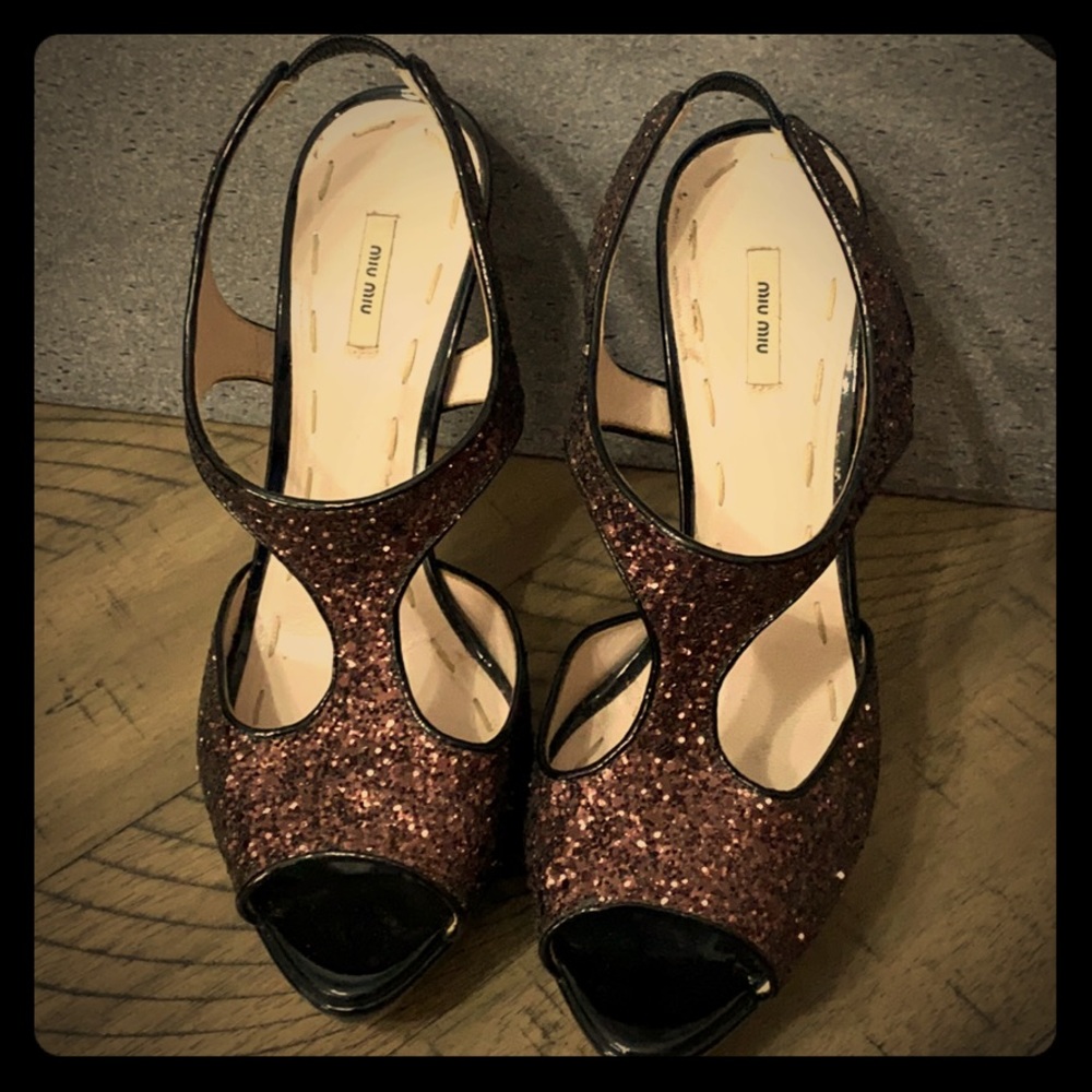MUI MUI GLITTER HEELS BROWN WITH BLACK HEEL